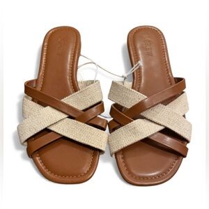 J. Crew Brown Beige Crisscross Strap Flat Sandals Slides Size 7